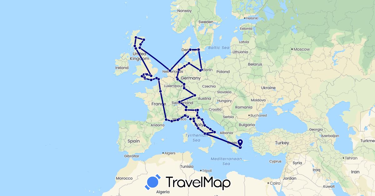 TravelMap itinerary: driving in Switzerland, Germany, Denmark, France, United Kingdom, Greece, Italy, Monaco, Netherlands, San Marino (Europe)